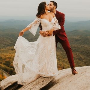 Bohemian Lace champagne bridal gown